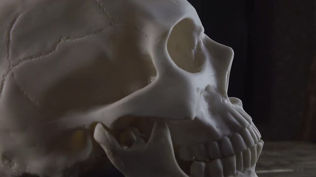 realistic human skull on a rotating stand