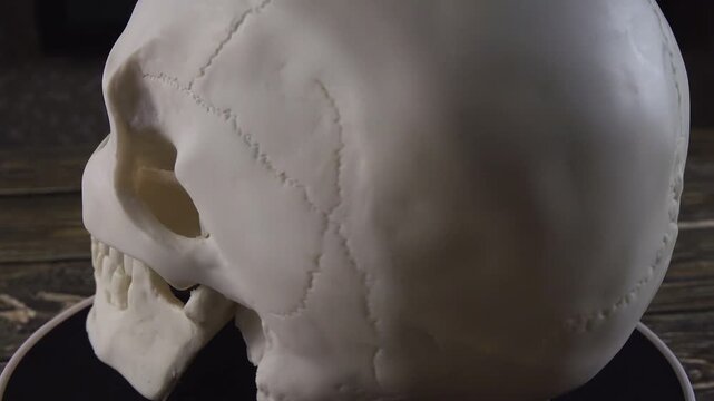 realistic human skull on a rotating stand
