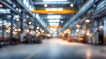 Blurred interior of a large factory with overhead cranes and bright lights