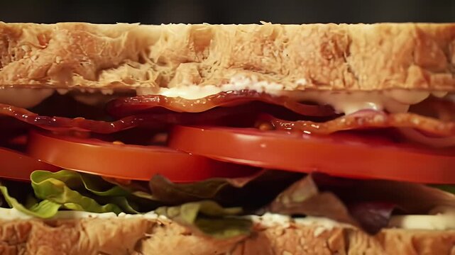 Dynamic close-up pan over a fresh Classic BLT sandwich with crispy bacon, ripe tomato, and crisp lettuce
