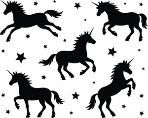 Magical unicorn silhouettes with stars, fantasy mythical horse illustration, black animal design, fairytale creature artwork, mystical symbol, enchanted night sky background
