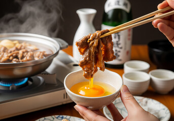 とろける牛肉を卵黄に絡める瞬間、湯気立つすき焼き鍋と日本酒で贅沢な冬の食卓