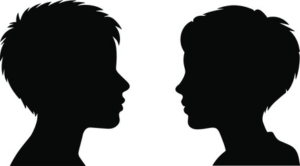 Minimalist black silhouette profiles facing each other, male and female head shapes, conversation concept, human interaction, psychology communication, vector illustration