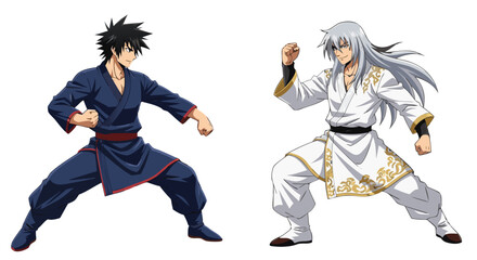 Two martial artists, one in a dark blue gi and the other in white with gold trim, demonstrate fighting stances in a dynamic illustration