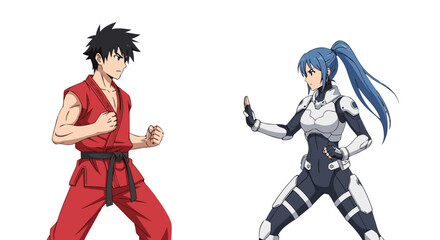 Martial arts fighter in red gi confronts futuristic warrior in white and blue combat suit on white background