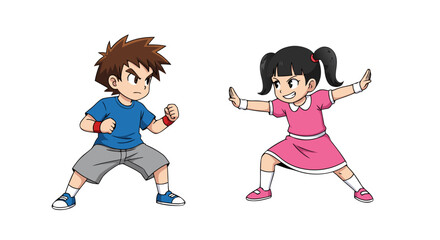 Two energetic children in a martial arts stance, representing childhood fun, active play, and a spirit of healthy competition