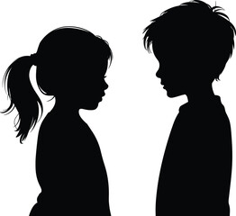Silhouette children facing each other, boy and girl profile, childhood interaction, emotional connection, family concept, black outline, isolated background