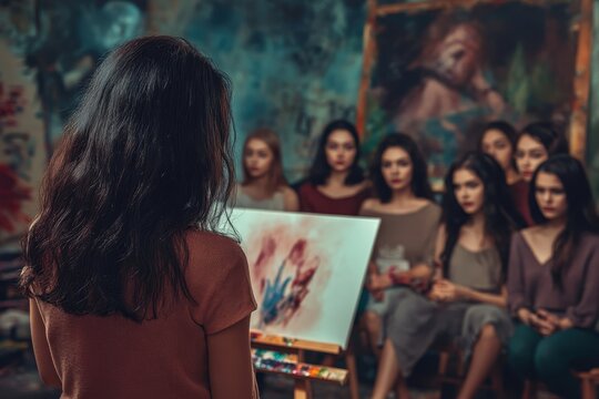 Art workshop with female participants engaged in a painting demonstration - Powered by Adobe