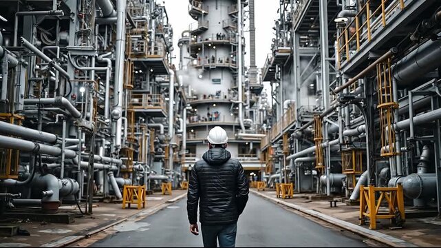 A man in a hard hat walking down a street in front of an oil refinery