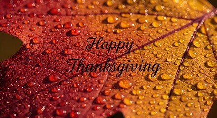 Warm autumn leaf with sparkling water droplets, glowing in golden light, conveying heartfelt thanks and seasonal blessings for a joyous harvest celebration.