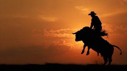 Cowboy Silhouette Riding a Bull Against a Sunset Backdrop - Rodeo Element in Country Setting