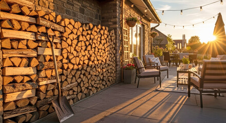 Shovel resting against stacked firewood beside outdoor patio at sunset