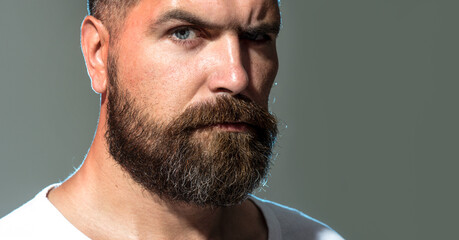 Obraz premium Closeup portrait of bearded man. Serious fashion male model. Handsome man with stylish beard and mustache in casual wear. Cropped portrait of bearded male hipster after barbershop service. Copy space.