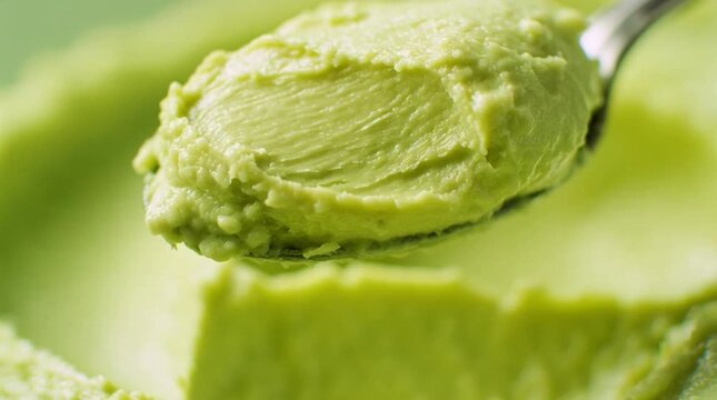 Close-up of a spoon scooping luscious, creamy green puree with a smooth texture, perfect for healthy eating, avocado recipes, or fresh dessert concepts.