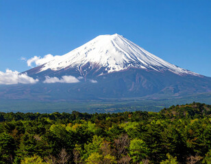 Fototapeta premium Majestic Mount Fuji Under Clear Blue Sky, Lush Green Forest Below.