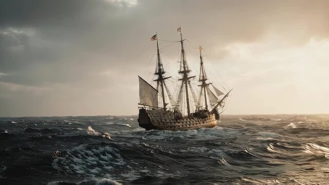 An old sailboat sailing on the ocean with cloudy sky