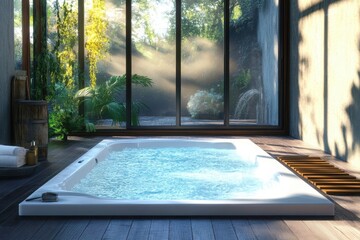 Obraz premium Serenity in a modern spa with a relaxing hot tub surrounded by greenery