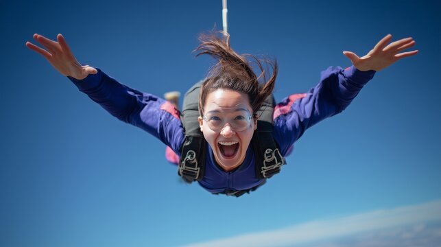 Excited woman skydiving in blue sky