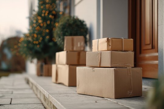 Holiday Packages on Cozy Front Porch of Home, Celebrating E-business Deliveries in the Season