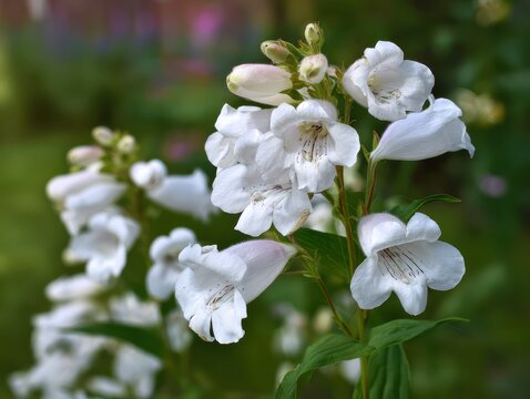 Delicate White Penstemon Digitalis Blooms in Lush Spring Garden