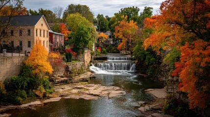 Serene Autumn in Chagrin Falls, Ohio: A Captivating Waterfall by the River