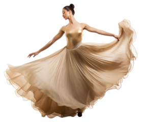 Beautiful ballerina in a gold silk skirt dancing recreation clothing.