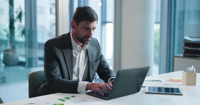 Laptop, typing and businessman in office with research for finance report with company budget. Computer, reading and financial manager working on investment proposal with stock market in workplace.