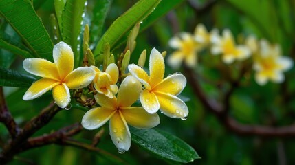 Fototapeta premium Vibrant Tiare Blossoms Clustered Against a Lush Green Backdrop in Summer Bliss