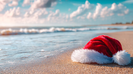 Santa hat on sandy beach with ocean waves and clouds