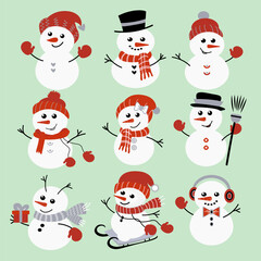 Vector set with cute snowman icons in mint, silver, red, and white tones. Perfect for Christmas decor, greeting cards, and winter holiday design.