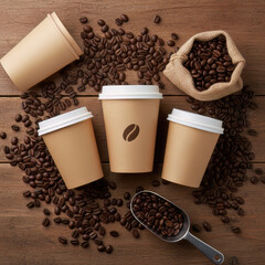 Coffee cups and coffee beans