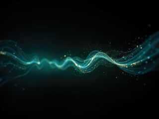 Background with glowing light blue and green lines, particles of data flowing in the air.