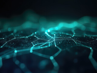 Background with glowing light blue and green lines, particles of data flowing in the air.