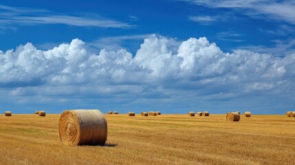 Fototapeta premium Golden hay bales scattered across a vast field under a blue sky