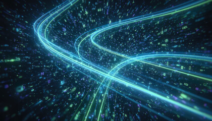 Background with glowing light blue and green lines, particles of data flowing in the air.