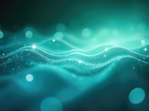 Background with glowing light blue and green lines, particles of data flowing in the air. - Powered by Adobe