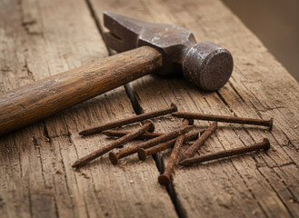 An old hammer and rusty nails resting on a wooden surface. Suitable for repair, construction, and craft-themed projects.