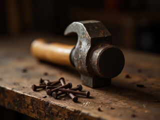An old hammer and rusty nails resting on a wooden surface. Suitable for repair, construction, and craft-themed projects.