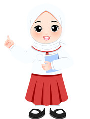 Adorable Cartoon Muslim Schoolgirl with Hijab Holding a Book and Giving a Thumbs Up