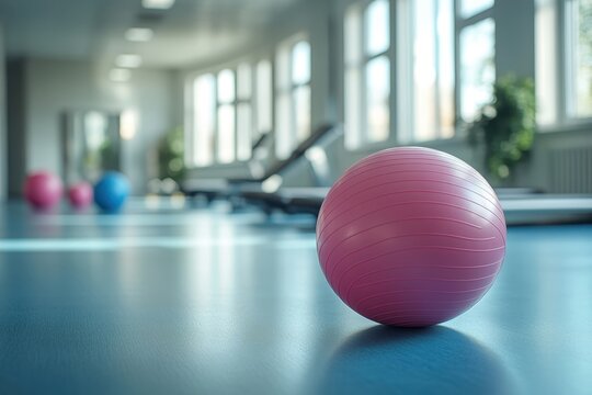 A vibrant pink exercise ball rests on the gym floor during a quiet morning workout session - Powered by Adobe