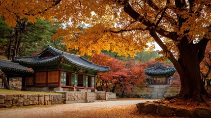 Vibrant Autumn Foliage Surrounding Traditional Architecture at Changgyeonggung Palace, Seoul - A Scenic Forest Retreat