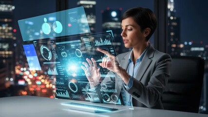 Businesswoman interacting with futuristic holographic interface - Powered by Adobe