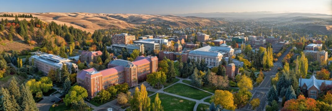 Aerial Perspective of Washington State University Campus in the Palouse: Morning Light Illuminates Architecture and Trees in Pullman City
