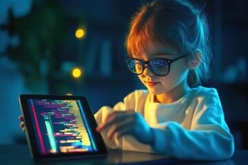 Young girl learning to code with a tablet in a dimly lit room with colorful screen reflections