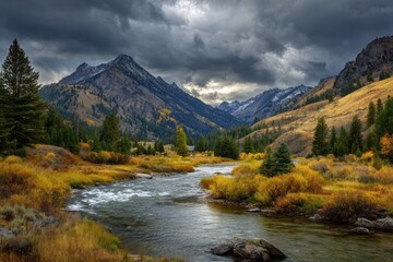 Dramatic Alpine Skies Over the Salmon River in Lower Stanley, Idaho: A Scenic Fall Display of Clouds and Vibrant Colours