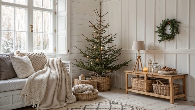 Fototapeta Scandinavian Christmas Living Room Interior with Minimal Tree