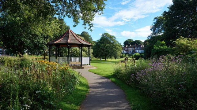 Serene Summer at Mansfield Carr Bank: An Empty Bandstand Amidst Lush Greenery and Bright Blue Skies