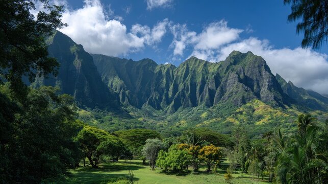 Breathtaking View of Koolau Mountain Range Overlooking Lush Hoomaluhia Botanical Garden in Oahu, Hawaii