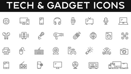 Tech and gadget thin line editable stroke icon set with vector symbols of technology, electronics, smart devices, computer, appliance, mouse, speaker, TV, smartwatch, printer, webcam, camera, radio.