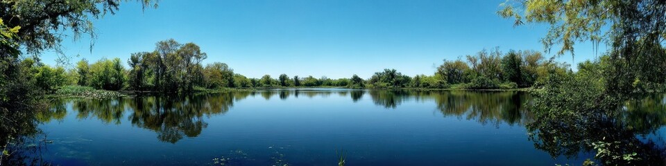 Fototapeta premium Scenic View of Elm Lake at Brazos Bend State Park with Vibrant Blue Sky and Lush Summer Landscape